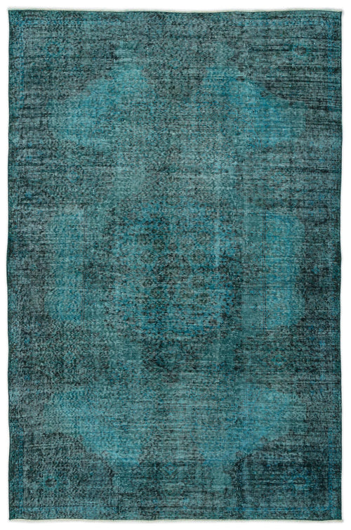 Load image 1 in gallery view. Teal and black distressed vintage-style rug with a faded central medallion pattern.