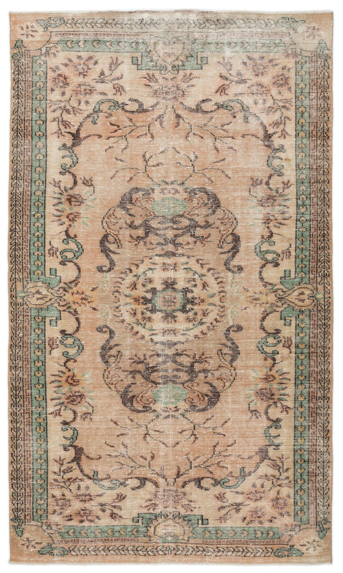 Load image 1 in gallery view. Distressed peach, sage green, and charcoal rug with a central floral medallion and ornate border on a white background.