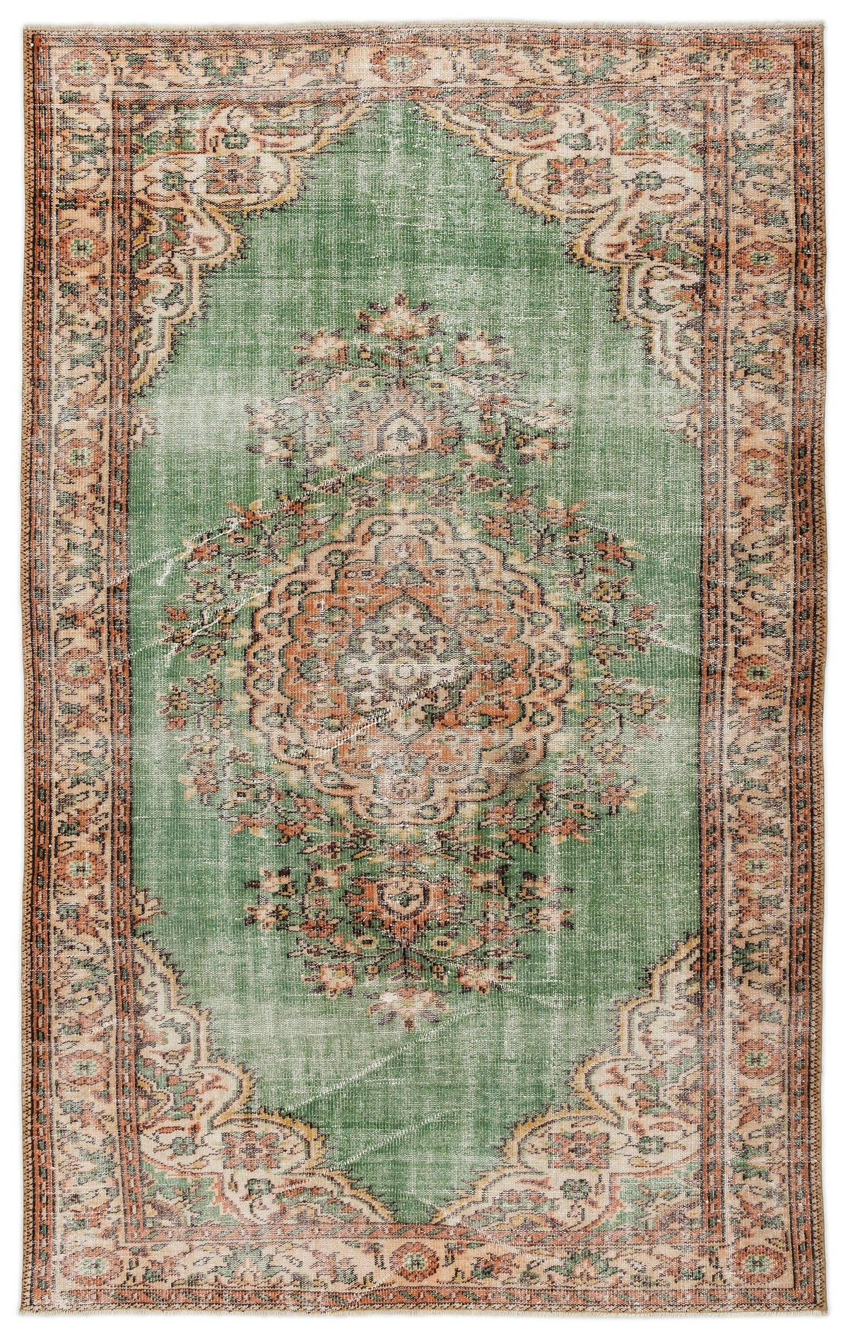 Sage green and terracotta distressed traditional rug with a central floral medallion and ornate border.