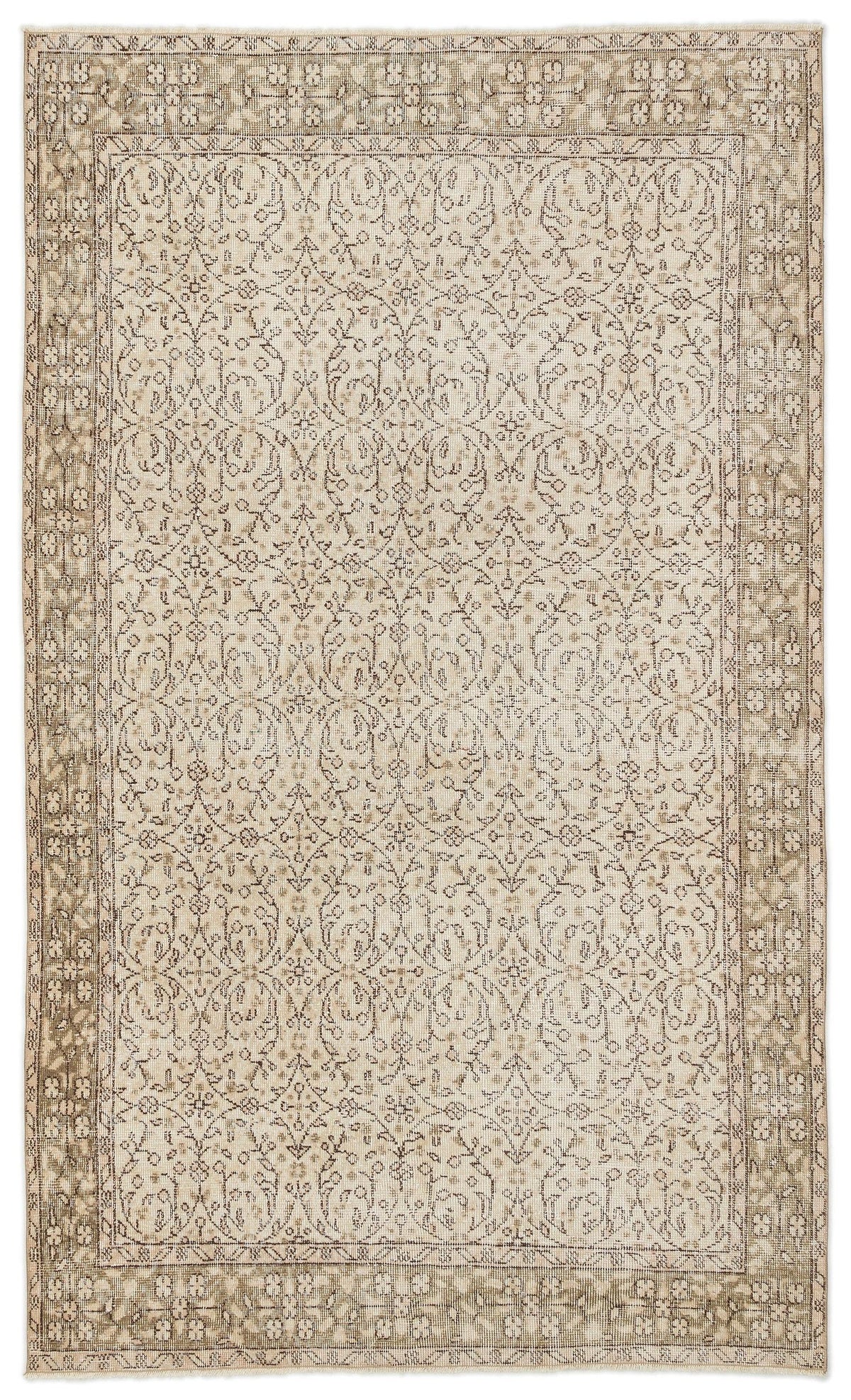 The Mofean Vintage Floral Rug (5'2" x 8'7") is a rectangular beige and brown flatweave with an ornate central vine design and a decorative geometric-floral border, inspired by vintage rugs.