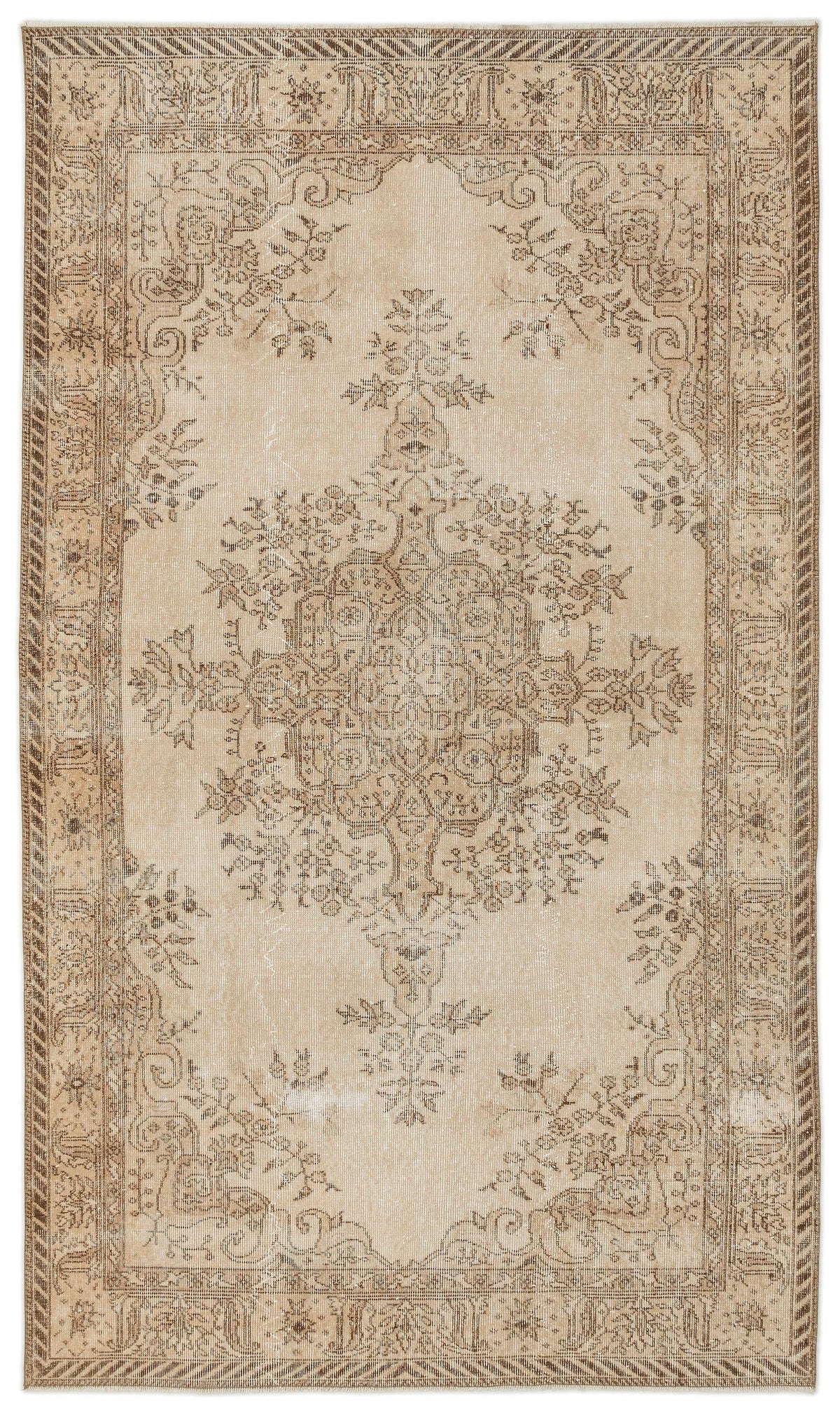 Beige and brown traditional rug with a central floral medallion and a distressed, faded finish.