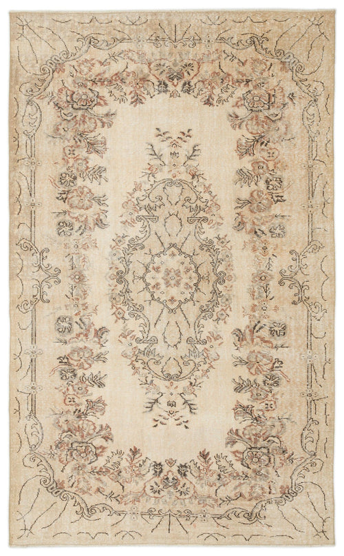 Load image 1 in gallery view. Beige vintage-style rug with a central floral medallion and ornate border in muted brown, charcoal, and terracotta tones.