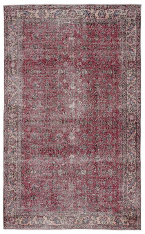 Load image 1 in gallery view. Distressed red and navy blue traditional rug with a faded floral medallion pattern on a white background.