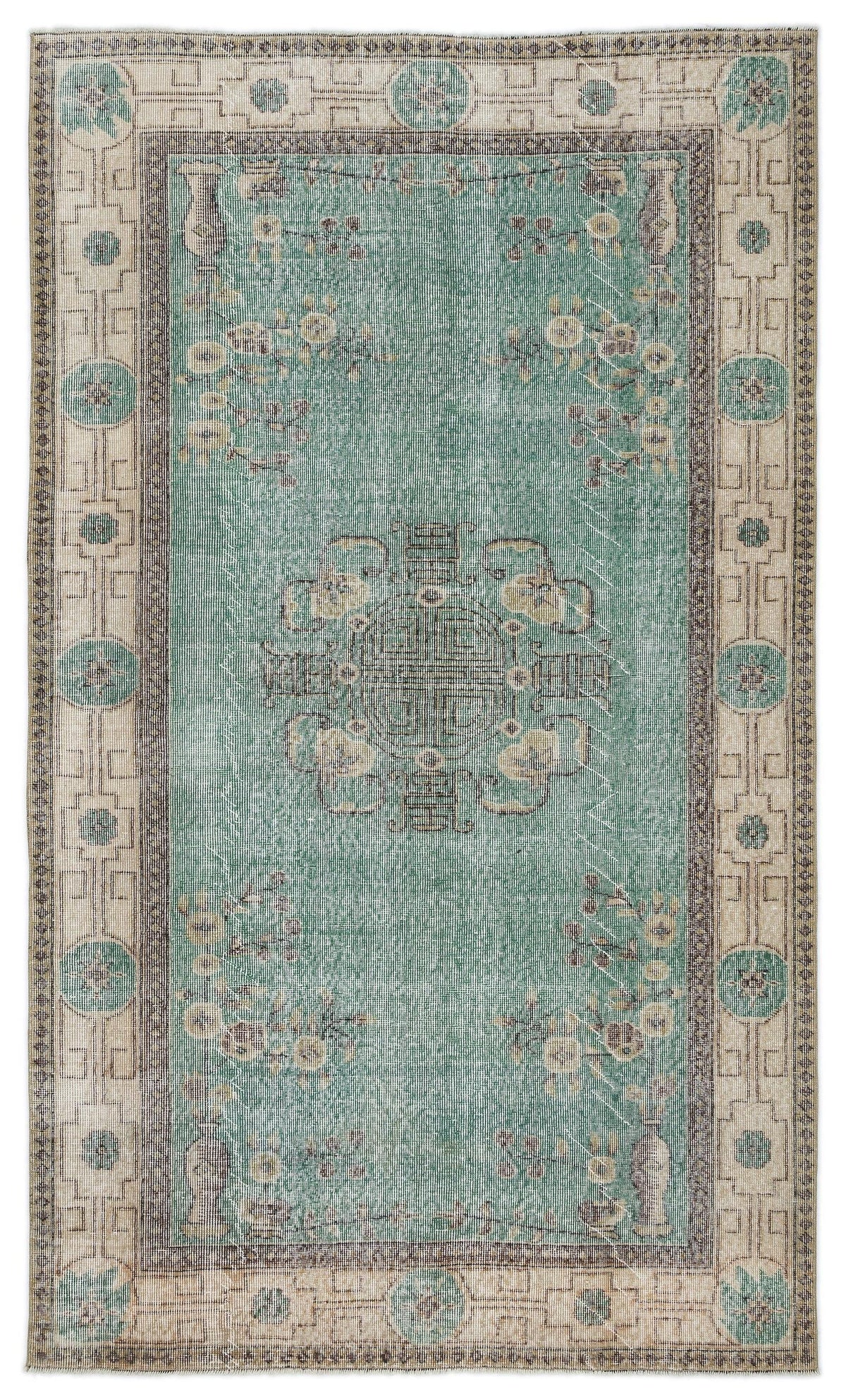 Teal and beige vintage-style rug with a central medallion, floral motifs, and a geometric border.