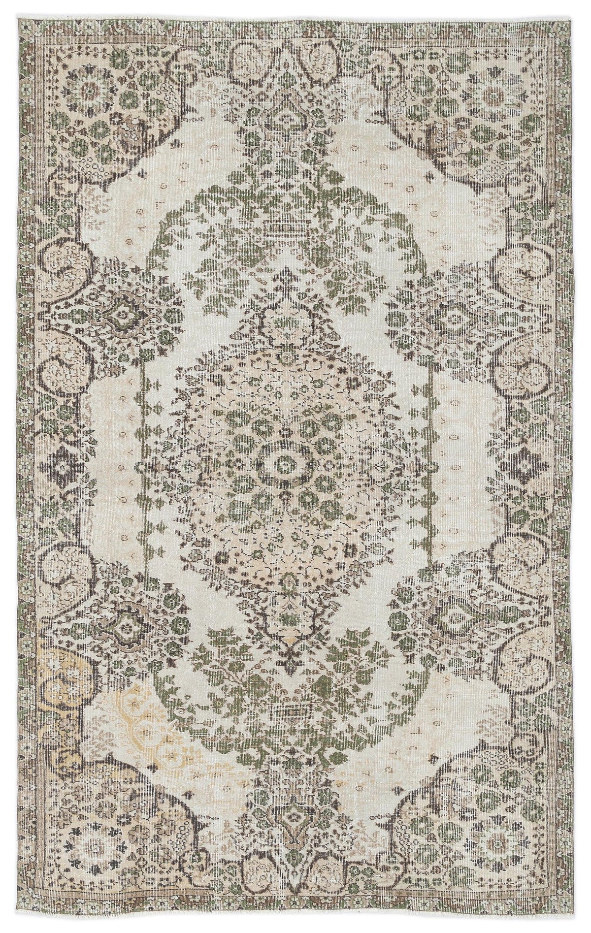 Cream, sage green, and brown traditional rug with a distressed central medallion and ornate floral border.