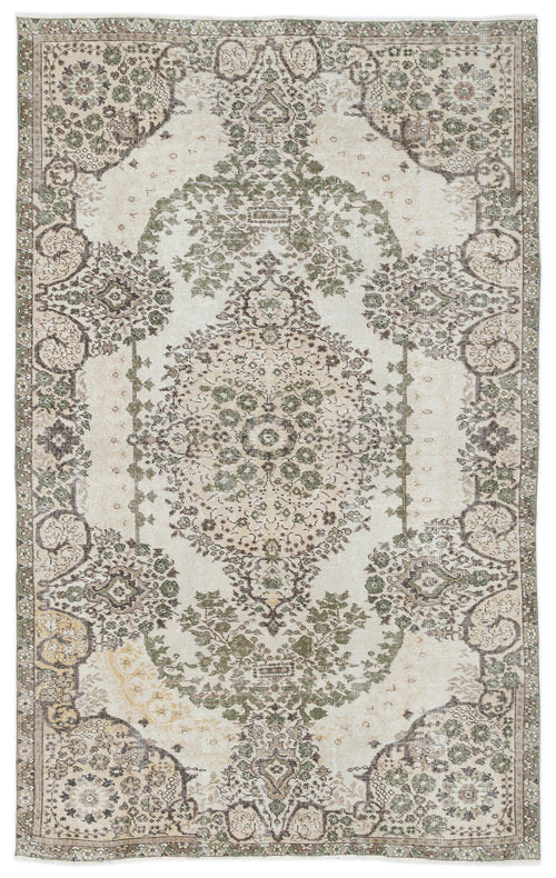 Load image 1 in gallery view. Cream, sage green, and brown traditional rug with a distressed central medallion and ornate floral border.