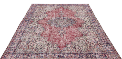 Load image 1 in gallery view. Distressed red and blue vintage-style rug with a central floral medallion and ornate border on a white background.