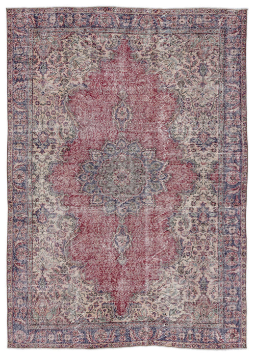 Load image 1 in gallery view. Distressed red, blue, and cream vintage-style rug with a central floral medallion and ornate border.