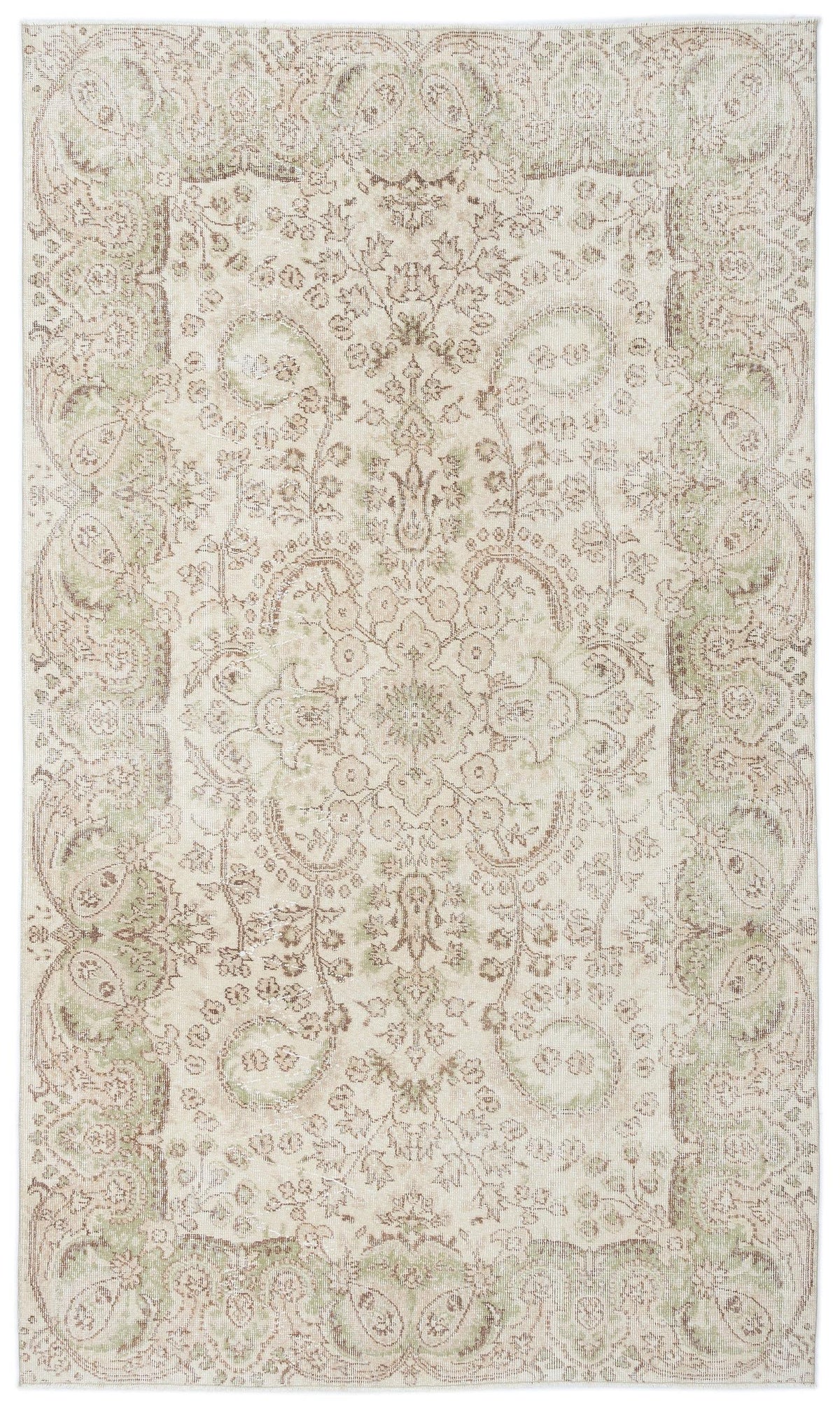 Beige and sage green traditional rug with a distressed floral medallion pattern and ornate border.