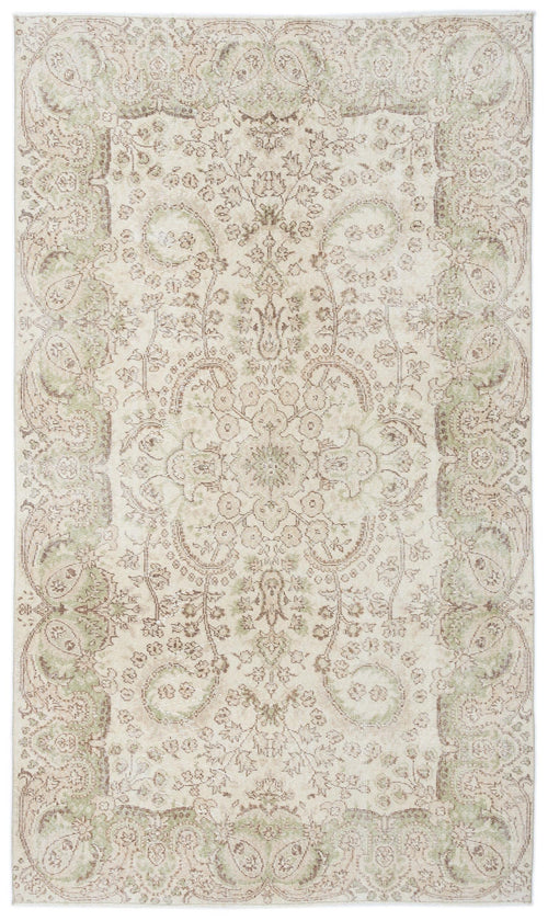 Load image 1 in gallery view. Beige and sage green traditional rug with a distressed floral medallion pattern and ornate border.