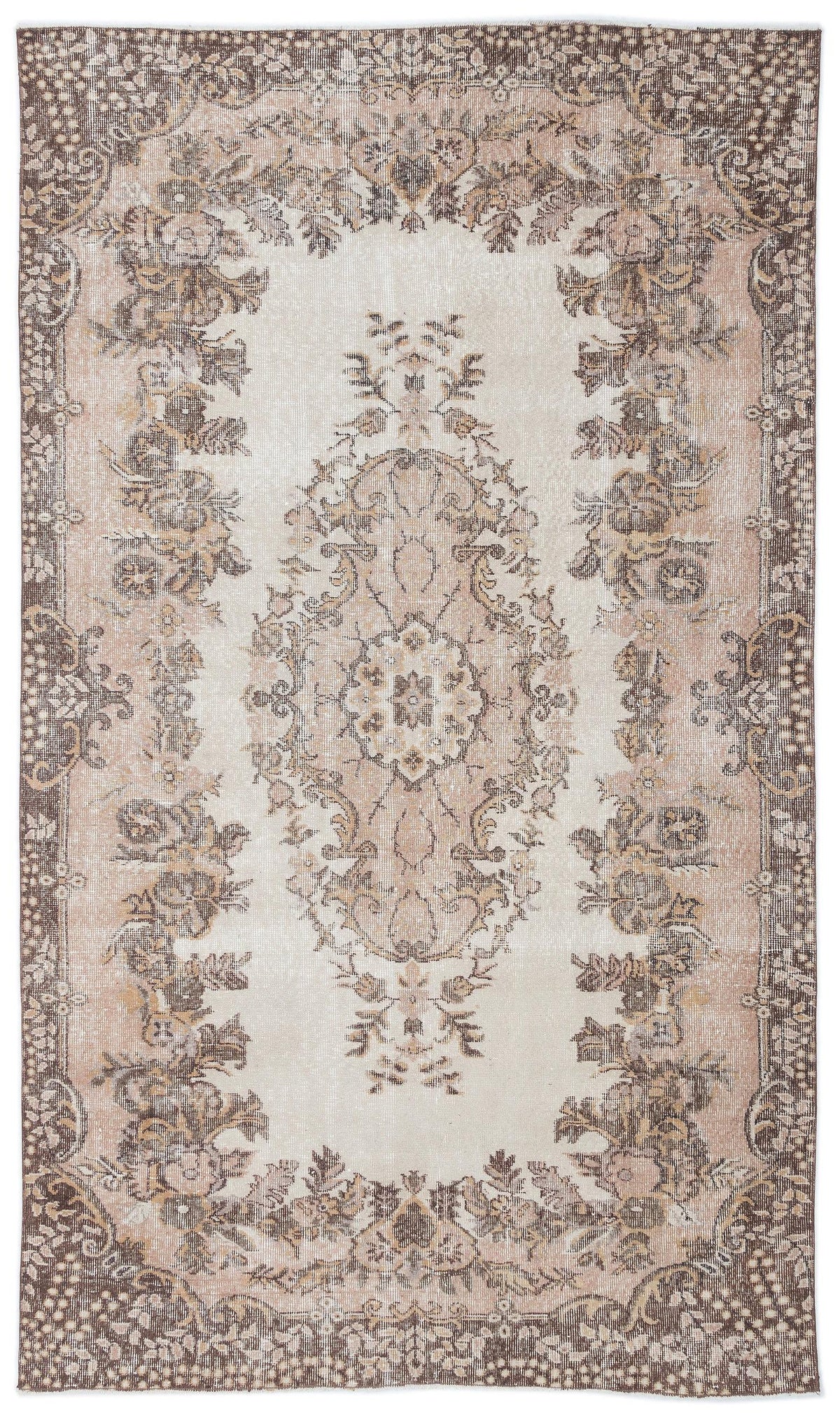 Beige and brown vintage-style rug with a central floral medallion and ornate border on a white background.