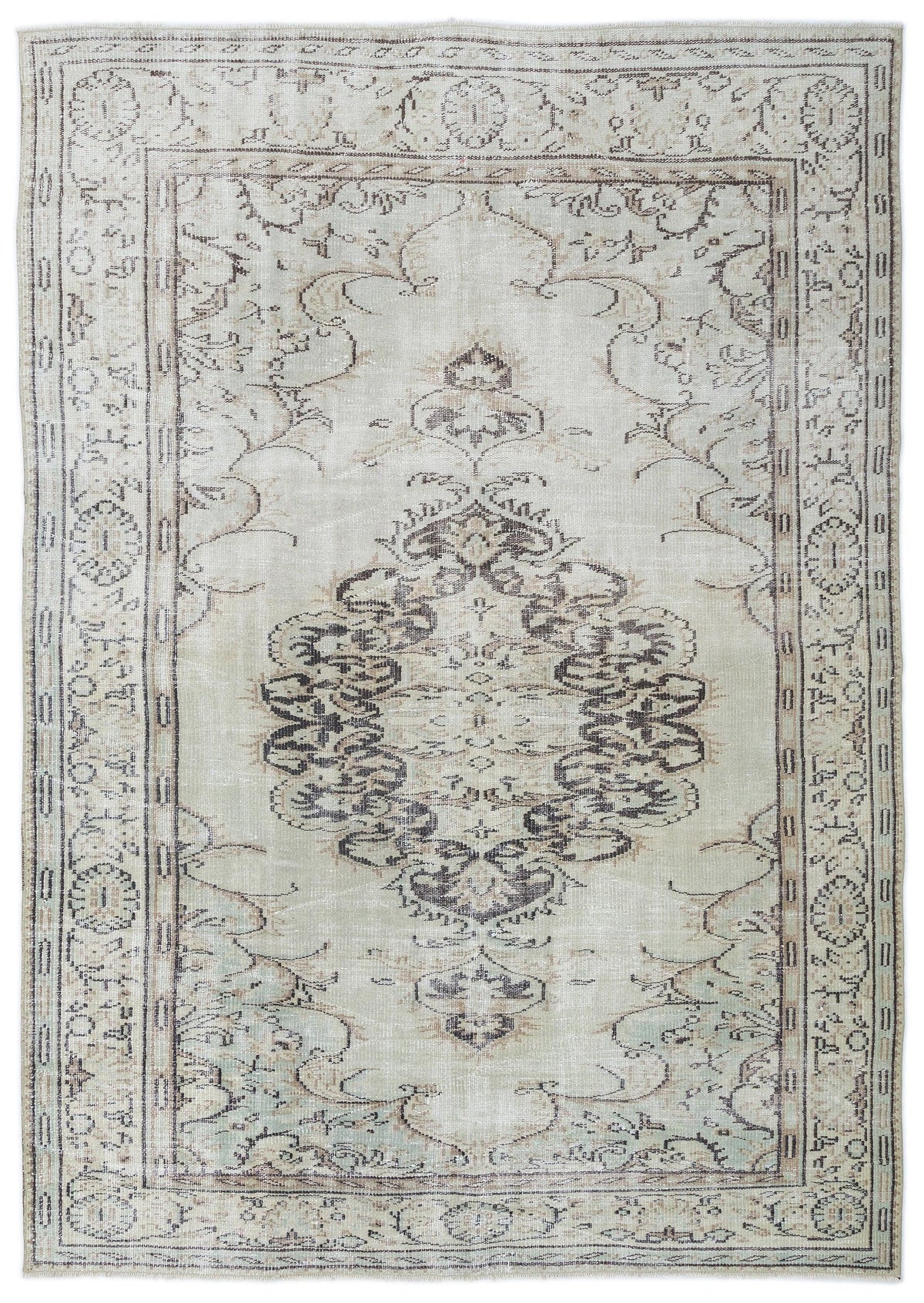 Light grey and beige vintage-style rug with a central dark medallion and ornate border pattern.