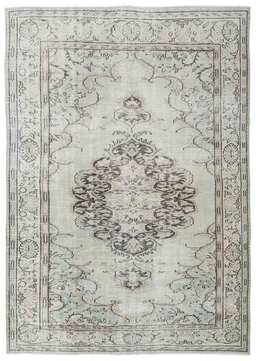 Load image 1 in gallery view. Light grey and beige vintage-style rug with a central dark medallion and ornate border pattern.