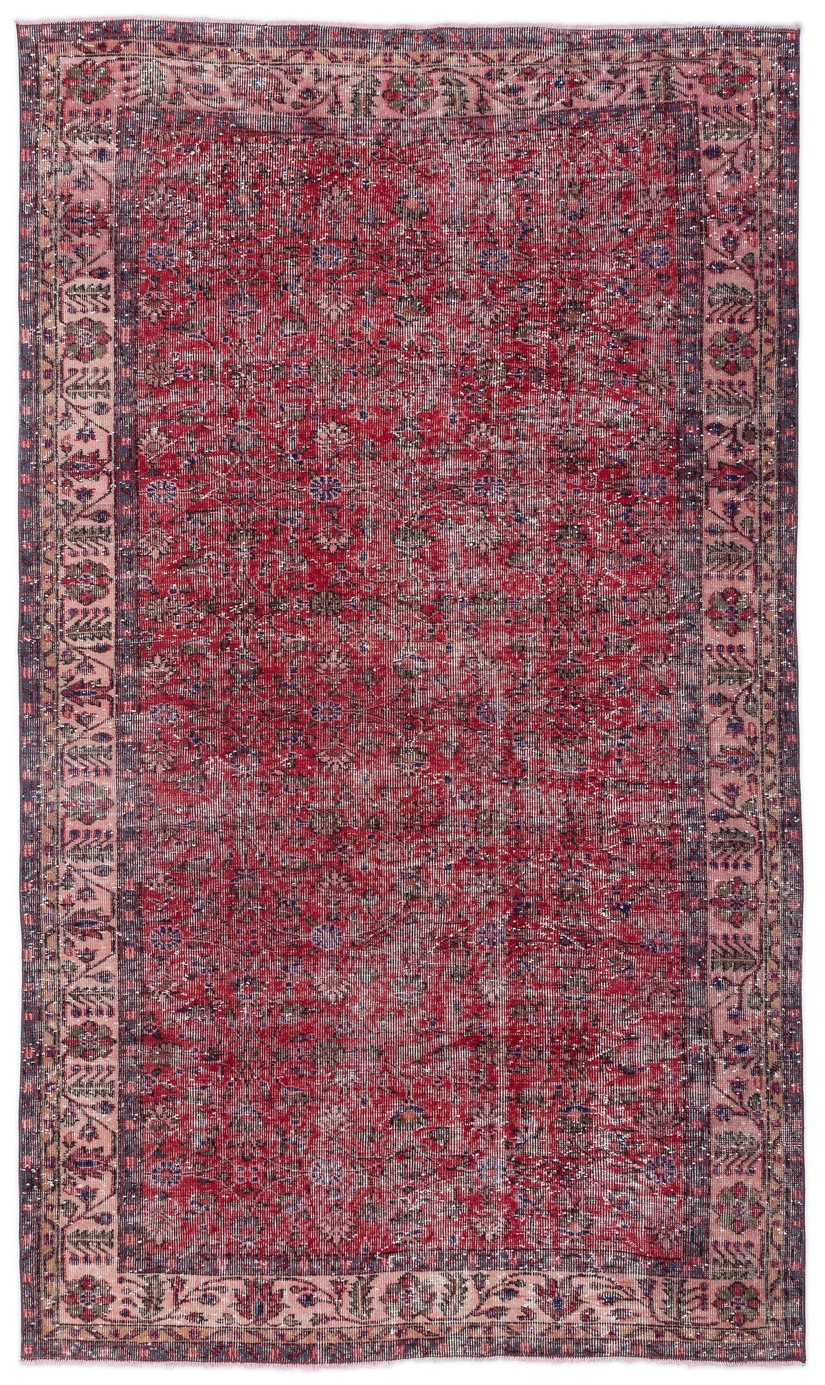 Distressed red vintage-style rug with a dark floral medallion pattern and a wide, ornate border on a white background.
