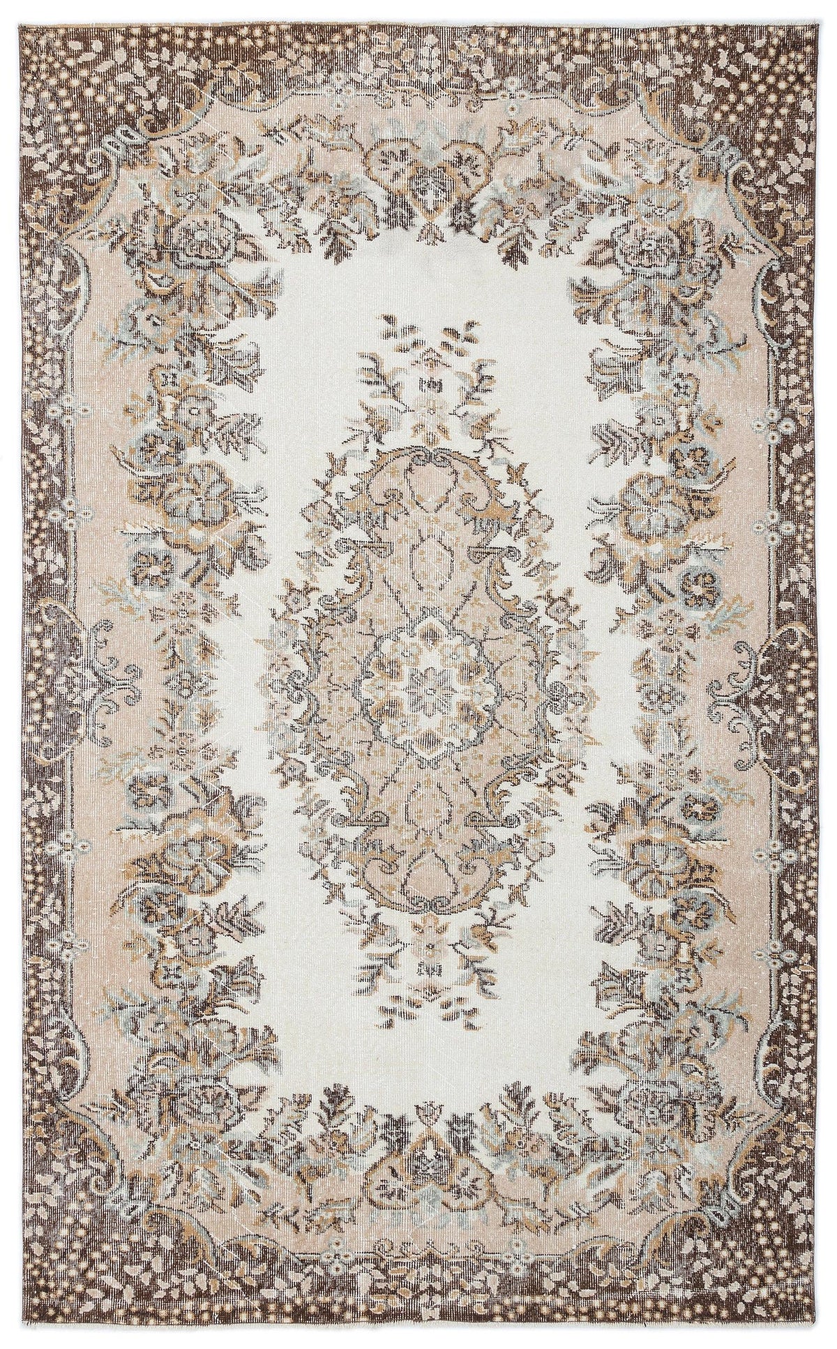 Cream and brown traditional rug with a central floral medallion and ornate border on a white background.