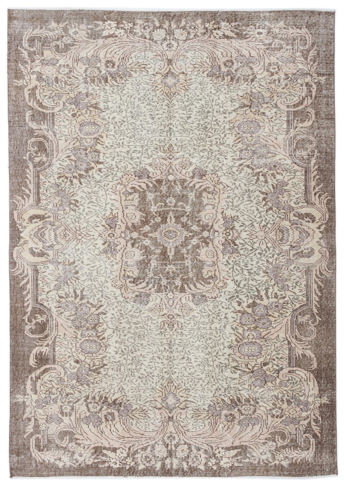 Distressed brown and cream traditional rug with a central floral medallion and ornate border on a white background.