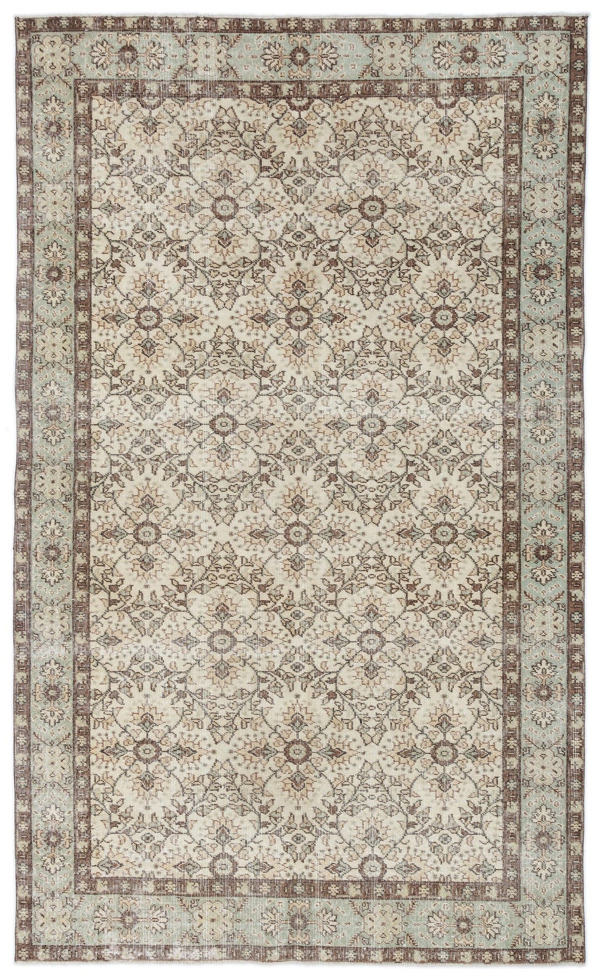Beige, brown, and sage green traditional rug with a repeating floral medallion pattern and a decorative border.
