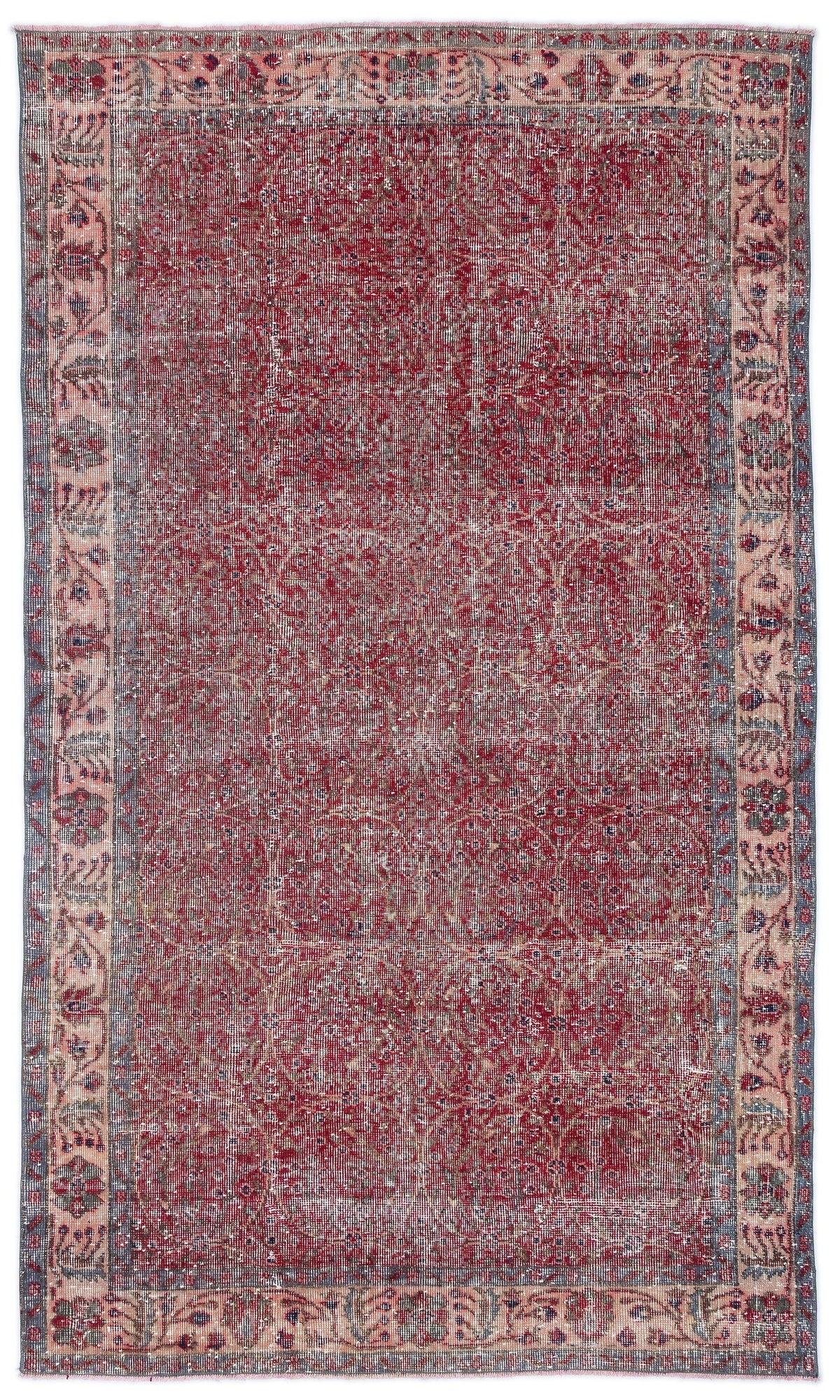 Distressed red rug with a faded floral medallion pattern and a blue and pink border on a white background.