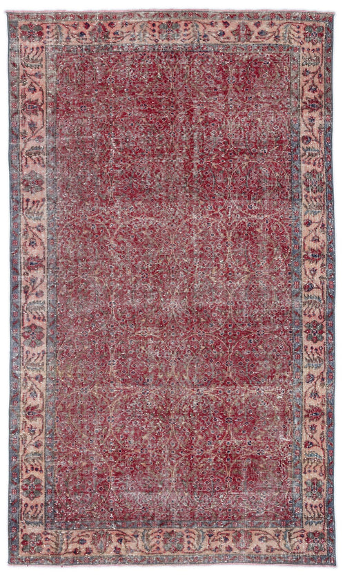 Load image 1 in gallery view. Distressed red rug with a faded floral medallion pattern and a blue and pink border on a white background.