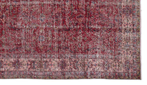 Load image 1 in gallery view. Deep red and faded pink distressed rug with a traditional ornate border and worn, vintage-style texture.