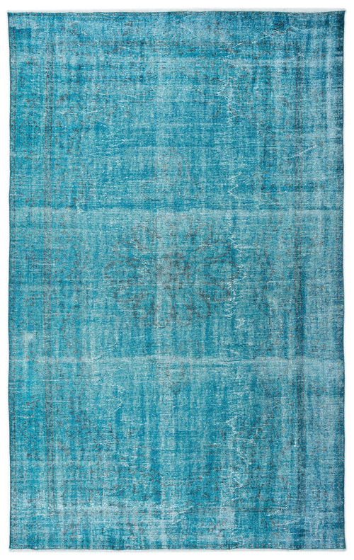 Load image 1 in gallery view. Bright turquoise distressed rug with a faint, traditional central medallion and border pattern.