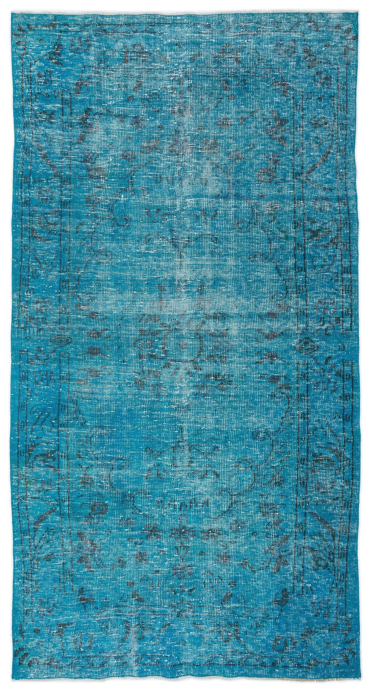 Distressed turquoise rug with a faded traditional medallion pattern and dark charcoal border details.