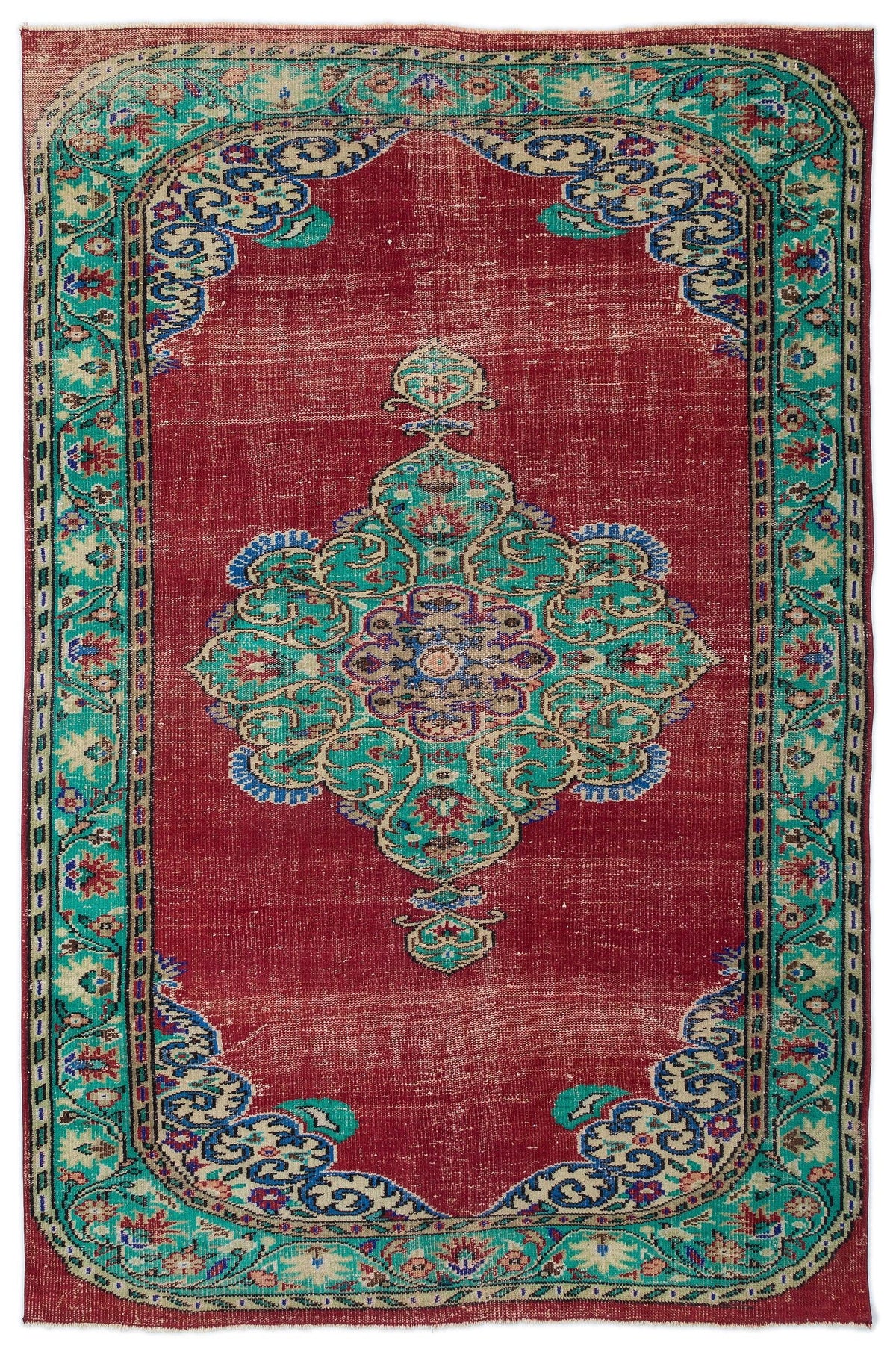 Distressed red rug with a central teal and beige floral medallion and a matching ornate border.