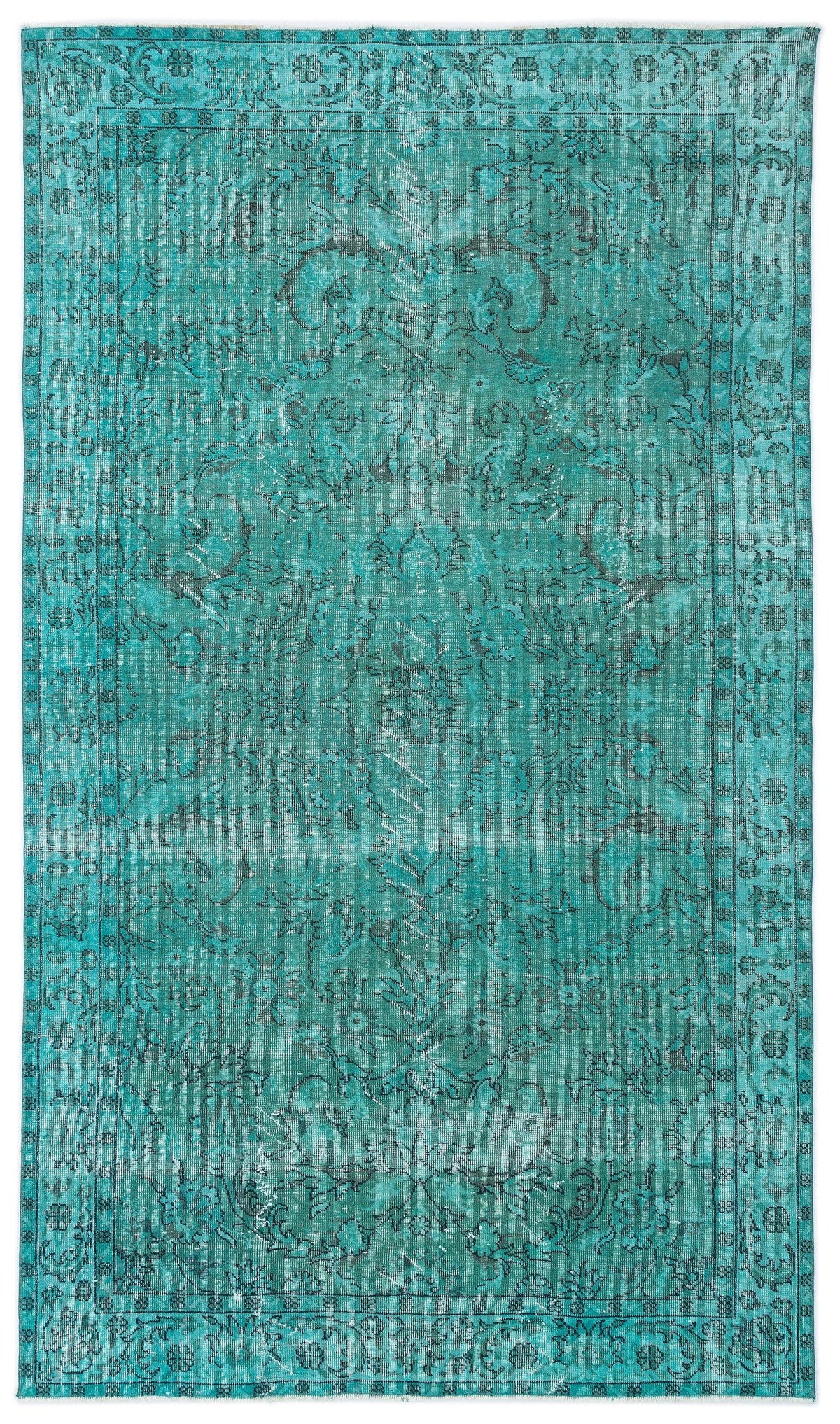 Teal distressed area rug with a dark grey traditional floral medallion pattern and a decorative border.