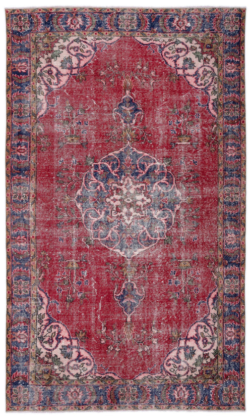 Load image 1 in gallery view. Distressed red Persian-style rug with a central blue medallion, floral motifs, and a decorative border.
