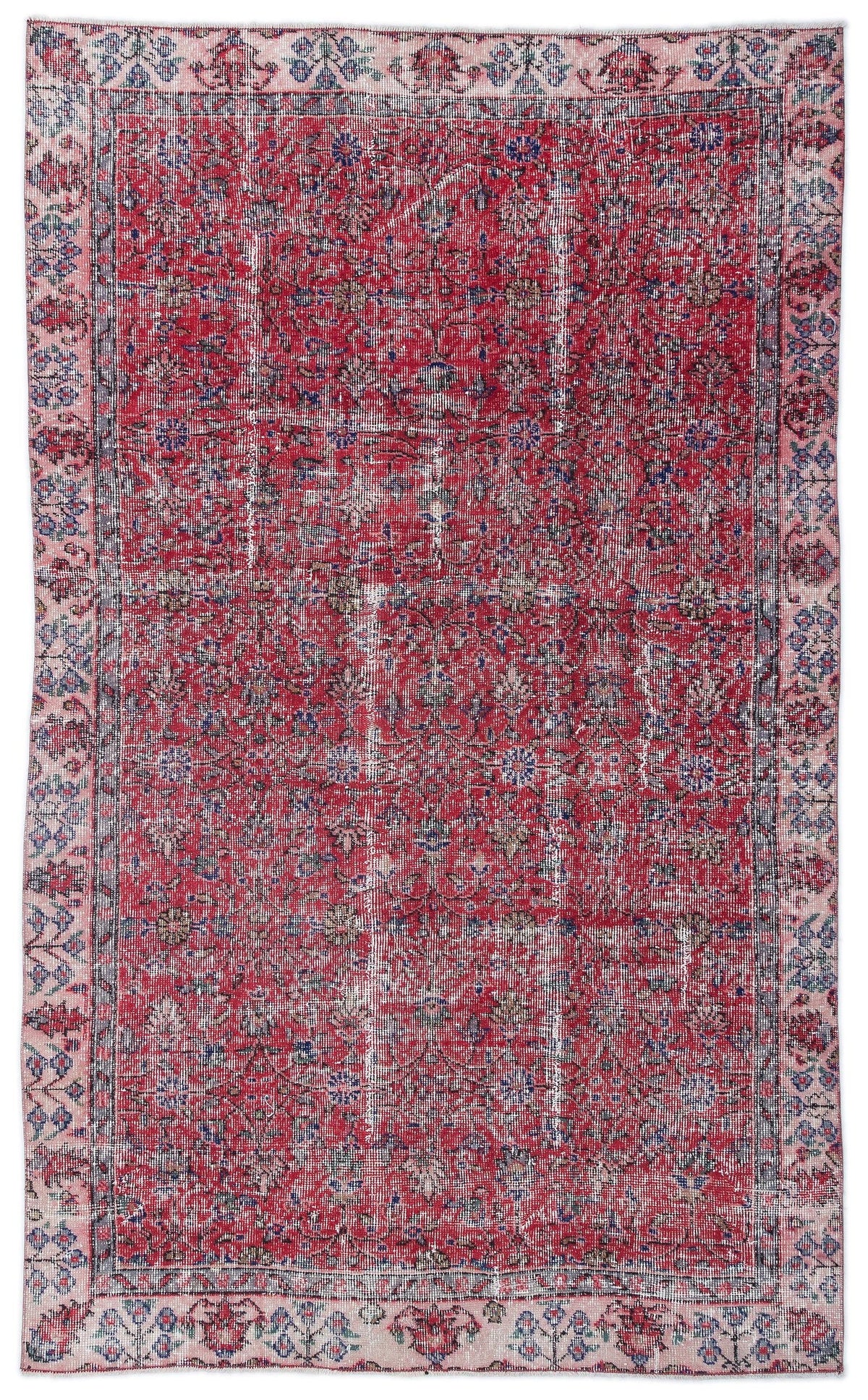 Distressed red Persian-style rug with a floral pattern, blue accents, and a wide decorative border on a white background.