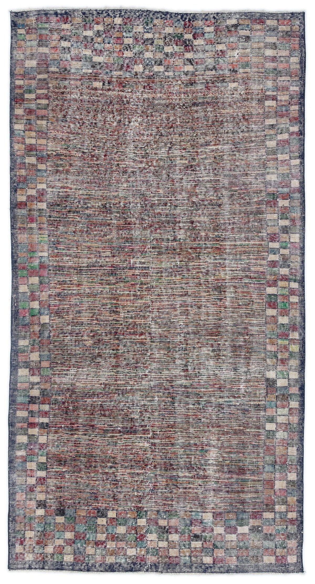 Distressed multi-colored rug with a central textured field and a checkered border on a white background.