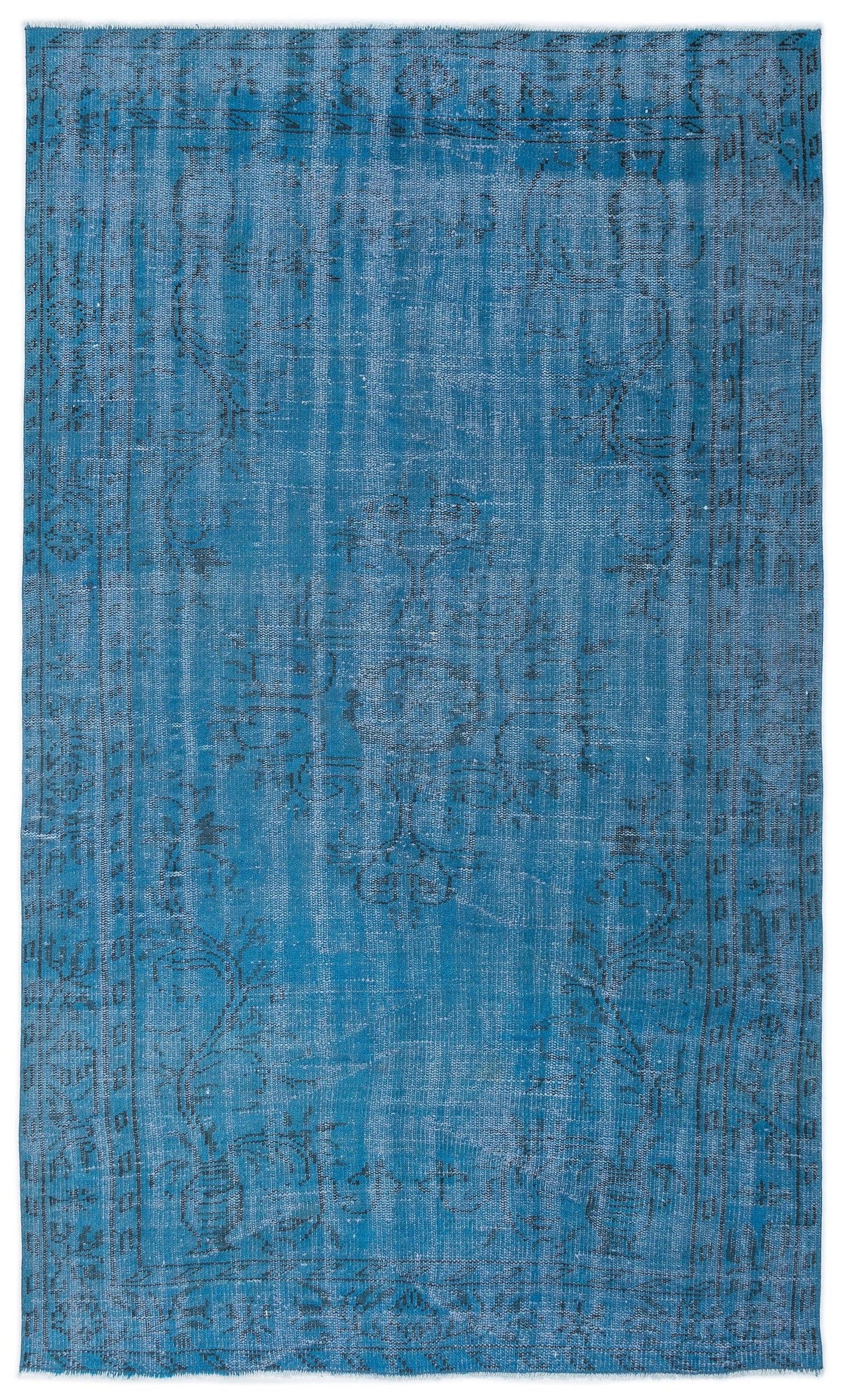Distressed blue rug with a faded black traditional medallion pattern and a bordered edge.