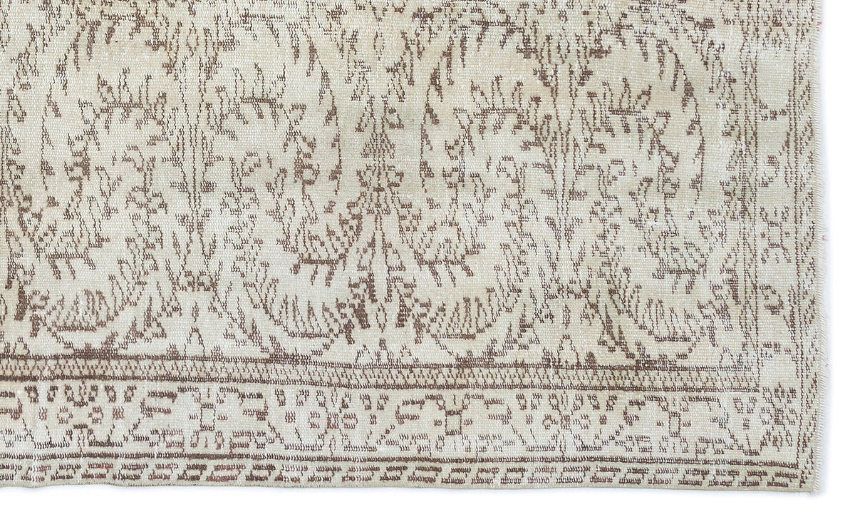 Cream and taupe rug with a distressed botanical medallion pattern and a geometric border.