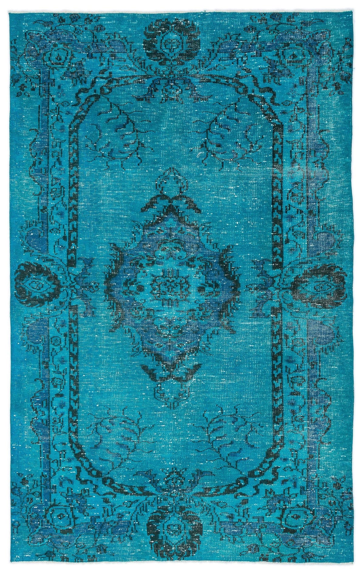 Turquoise and black distressed rug with a central medallion and ornate floral border on a white background.
