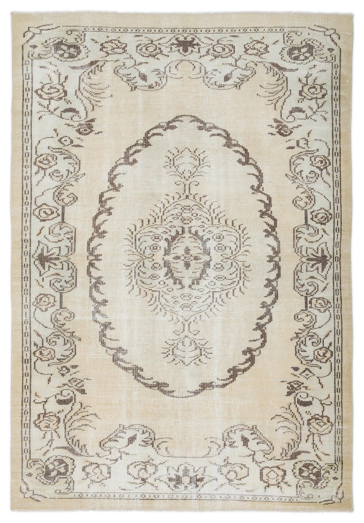 Beige and brown traditional rug with a central floral medallion and ornate border pattern.