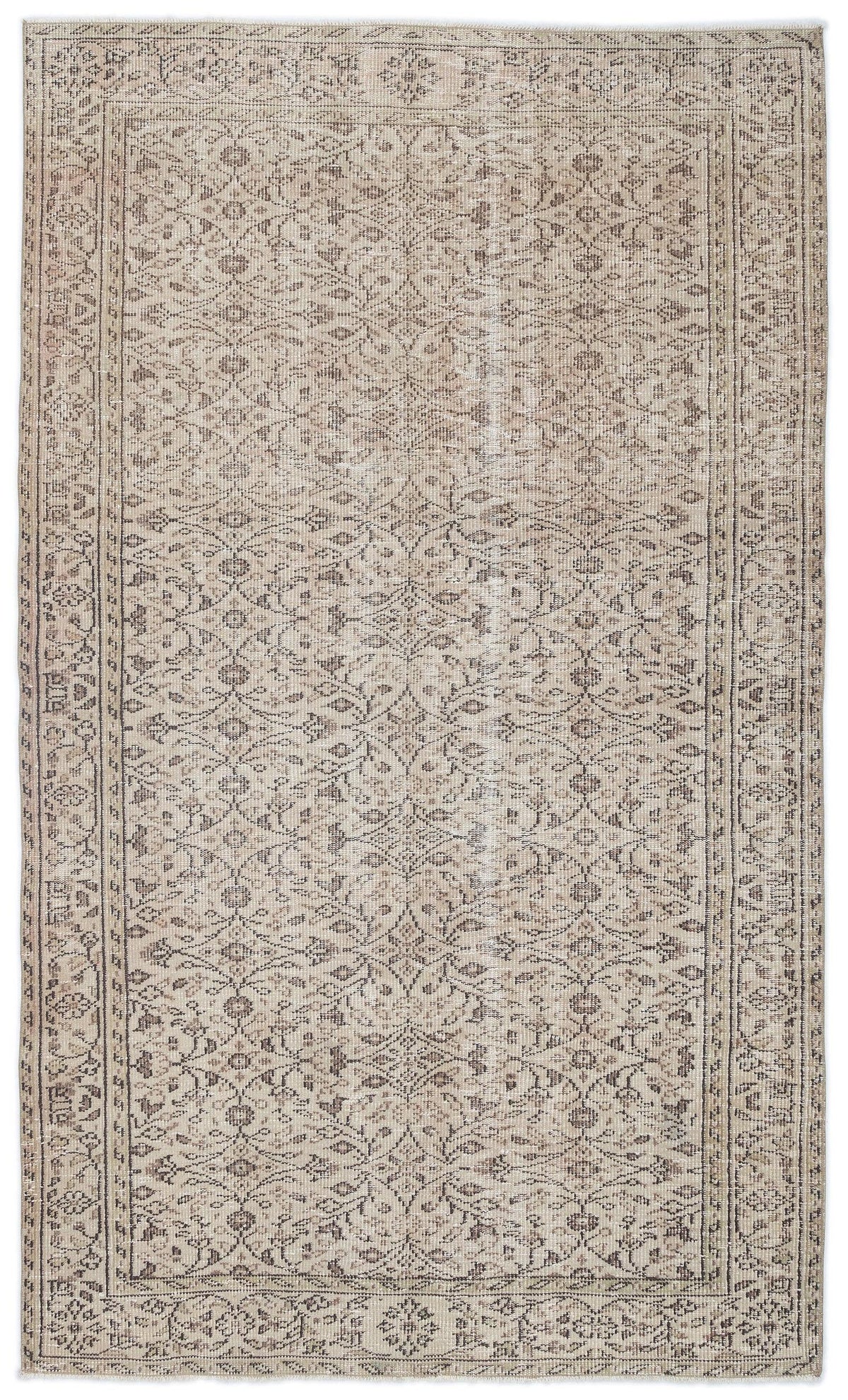 Beige and taupe vintage-style rug with a distressed floral medallion pattern and a detailed geometric border.