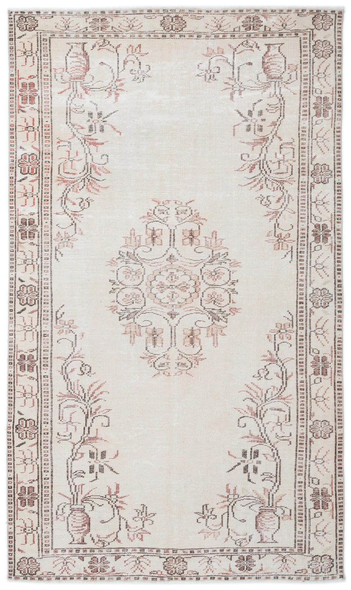 Cream area rug with a central floral medallion and botanical border in muted terracotta and charcoal tones.