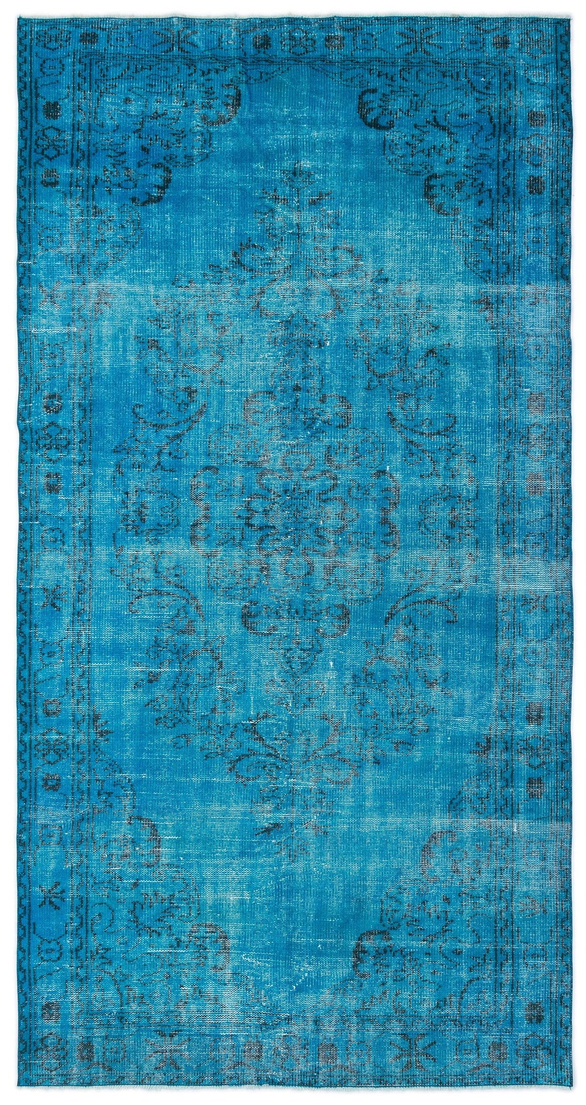 Bright blue distressed rug with a dark grey traditional floral medallion pattern and a decorative border.