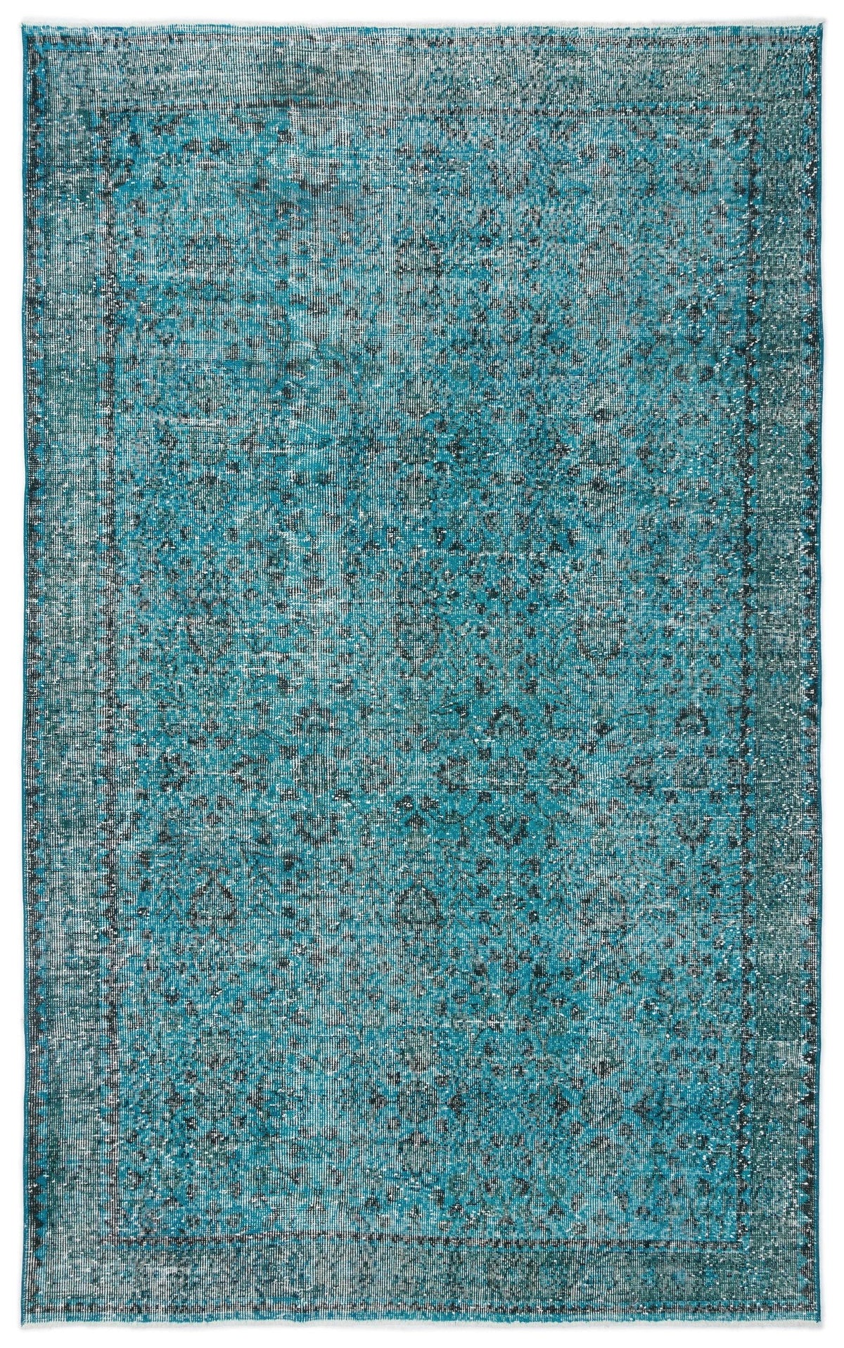 Teal and black distressed vintage-style rug with a traditional ornate medallion pattern and a bordered edge.