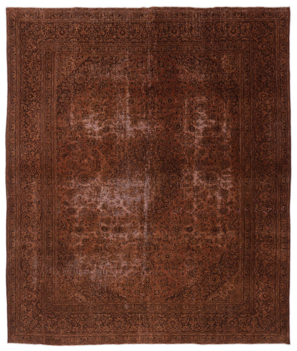 Dark brown distressed traditional rug with an intricate floral medallion pattern and a wide decorative border.