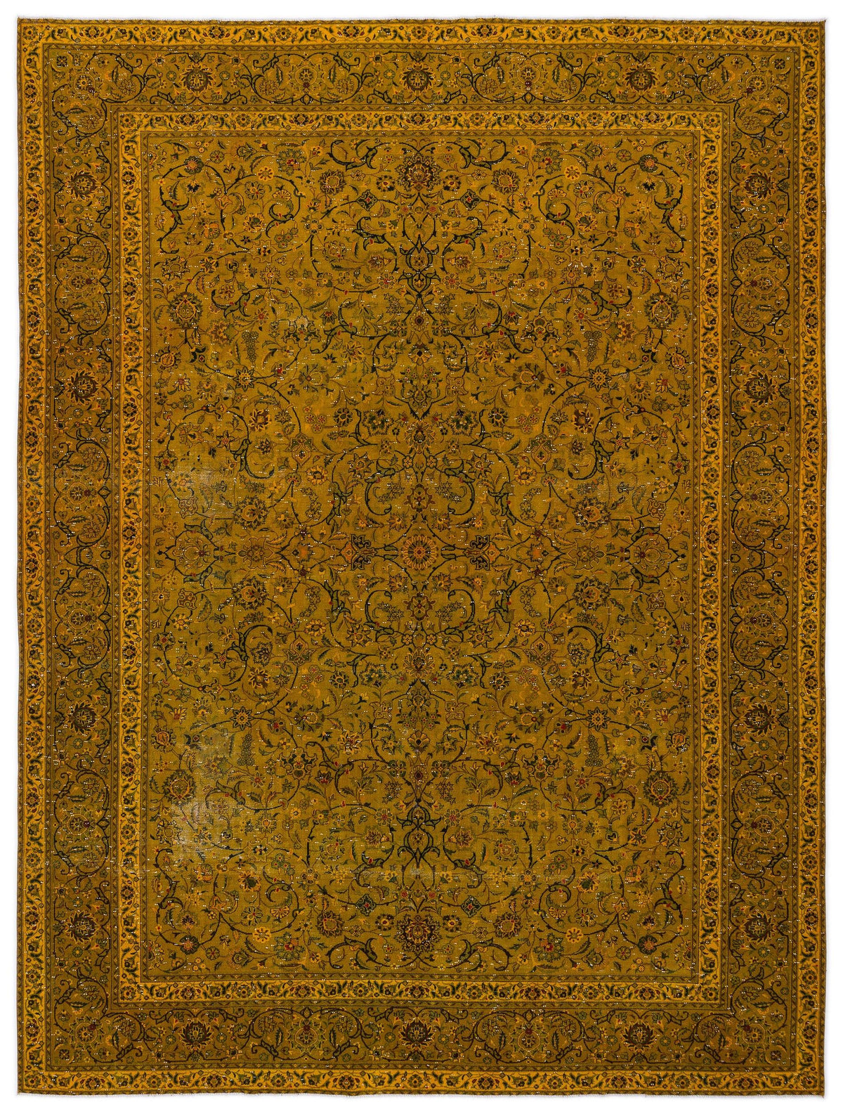 Mustard yellow traditional rug with an intricate black and multi-colored floral vine pattern and a decorative border.