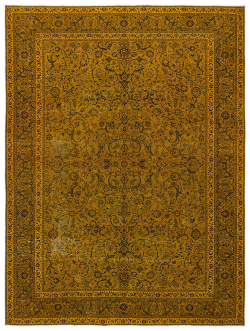 Load image 1 in gallery view. Mustard yellow traditional rug with an intricate black and multi-colored floral vine pattern and a decorative border.