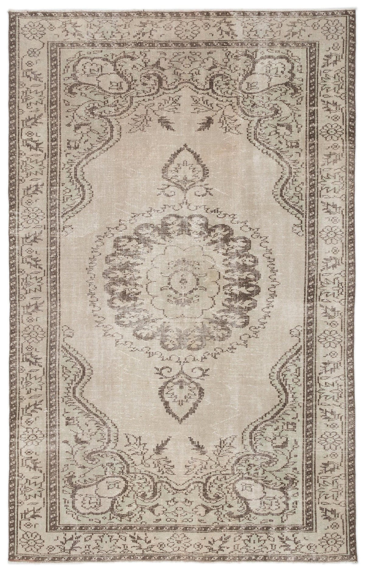 Beige and brown distressed rug with a central floral medallion and ornate border pattern.
