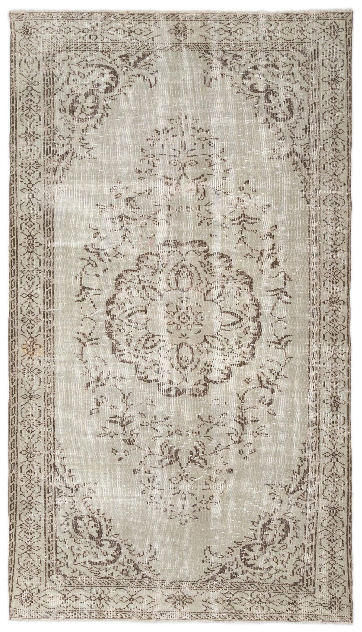 Beige and taupe distressed area rug with a central floral medallion and an ornate geometric border.