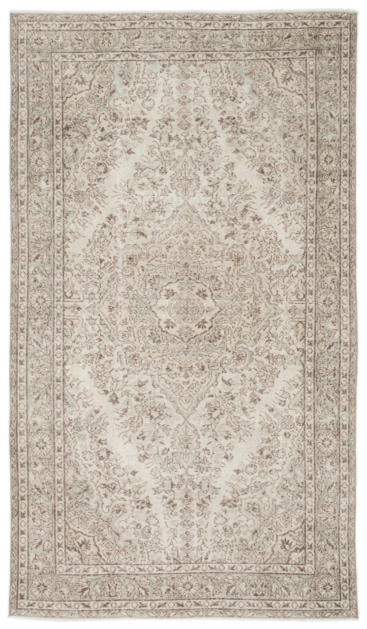 Beige and taupe vintage-style rug with a distressed central medallion and intricate floral border.