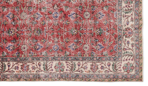 Load image 1 in gallery view. Red traditional rug with a distressed floral medallion pattern and a cream border featuring intricate botanical motifs.