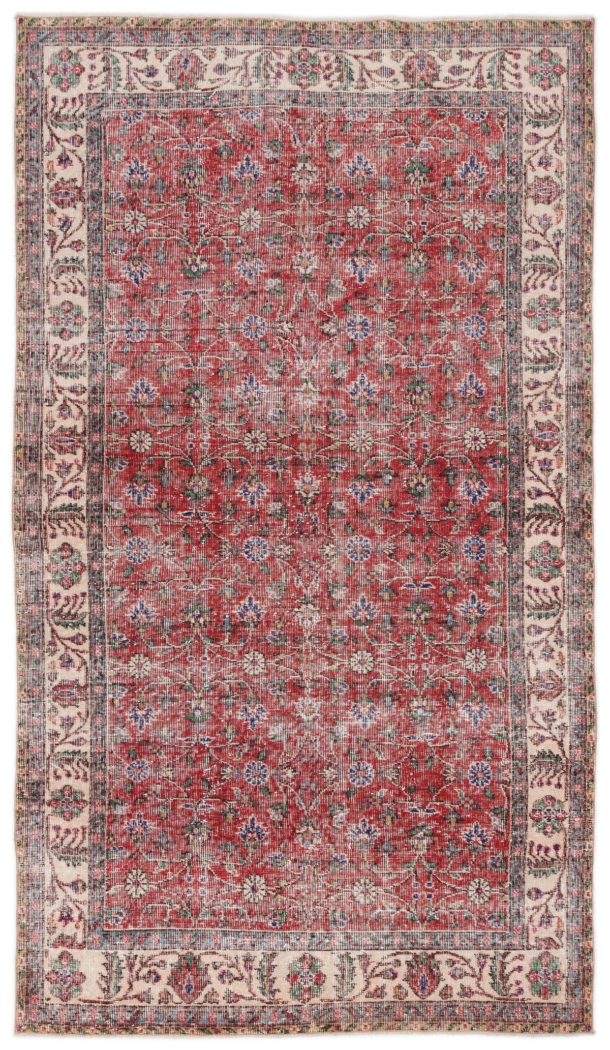 Red traditional rug with a distressed floral pattern and a cream border on a white background.