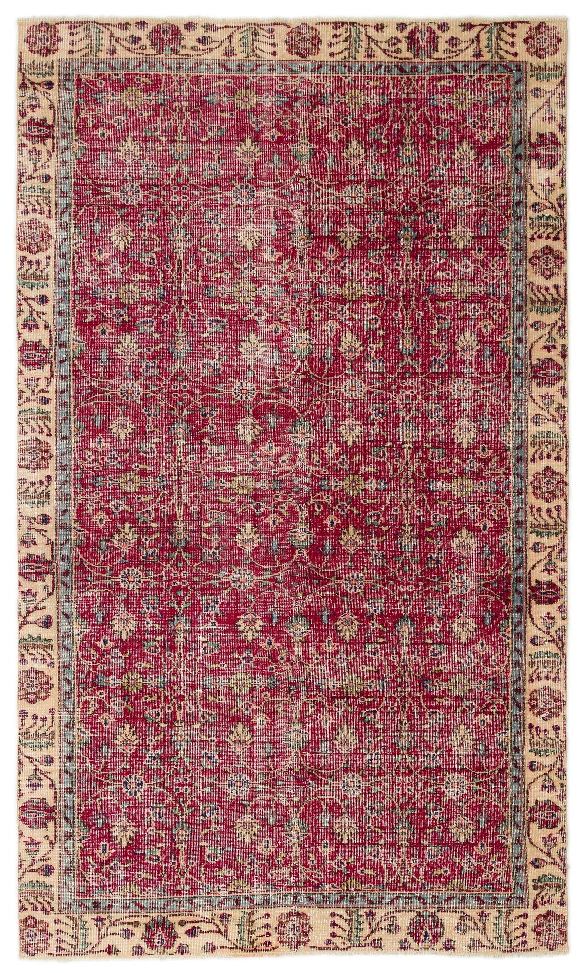 Distressed crimson rug with a traditional floral medallion pattern and a cream border on a white background.