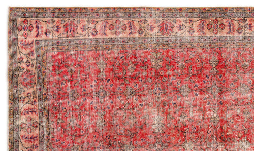 Load image 1 in gallery view. Distressed red and peach traditional rug with a floral border and intricate central pattern on a white background.