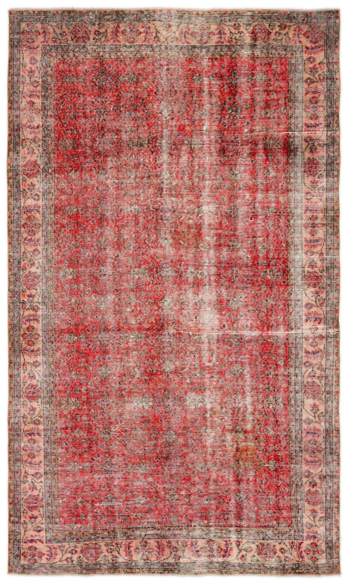 Distressed red and beige traditional rug with a faded floral medallion pattern and a decorative border.